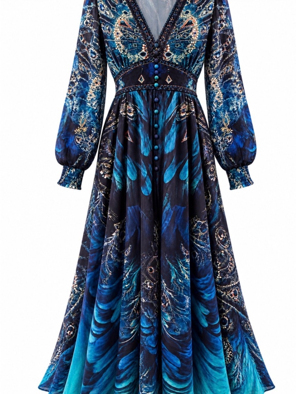 Vivid Blue Deep V Maxi Dress with full button front, semi sheer sleeves NWT LG